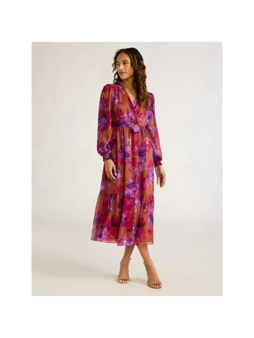 Sofia Jeans By Sofía Vergara Floral Wrap Midi Dress in Rust and Fuchsia